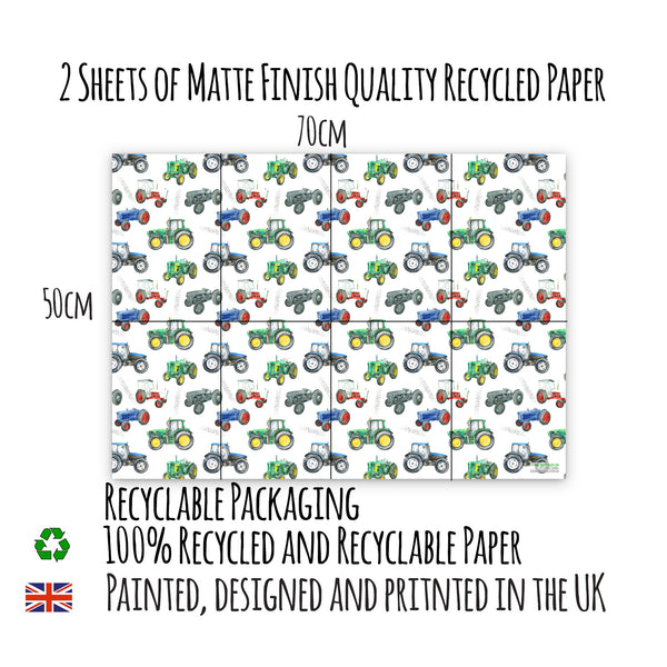 Modern and vintage hand painted tractor design of recycled and recyclable  gift wrapping paper  by Ceinwen Campbell 