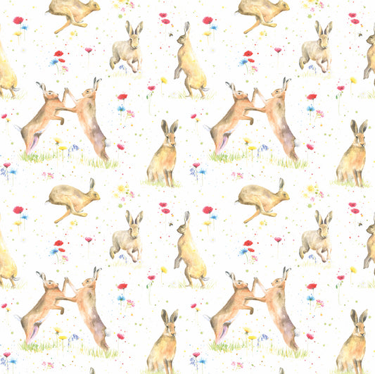 hares with poppies and wild flowers recycled and recyclable gift wrapping by Ceinwen Campbell