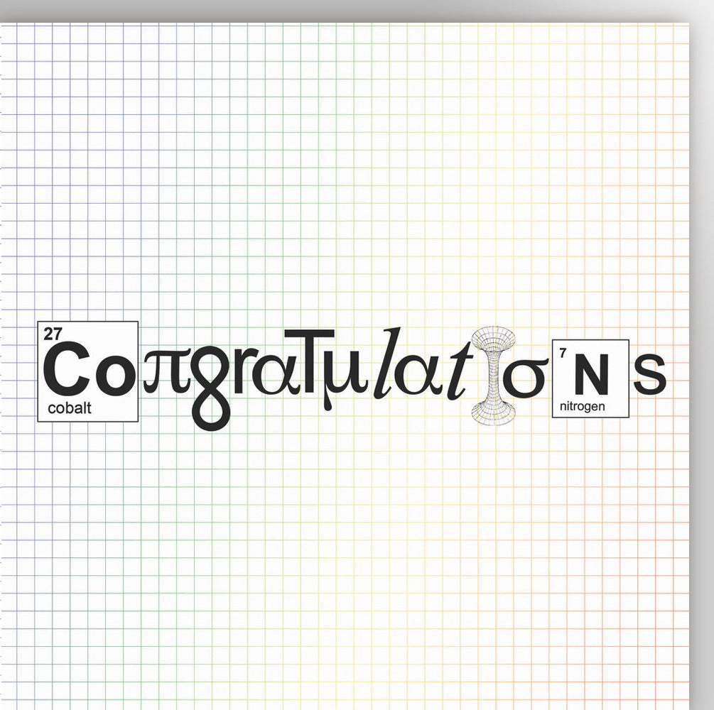 A square piece of white graph paper with a faint grid, featuring the word 'Congratulations' spelled out in black script and block lettering, with periodic table style boxes for the letters 'C' (cobalt) and 'N' (nitrogen).