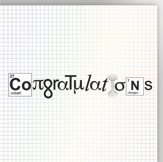 A square piece of white graph paper with a faint grid, featuring the word 'Congratulations' spelled out in black script and block lettering, with periodic table style boxes for the letters 'C' (cobalt) and 'N' (nitrogen).