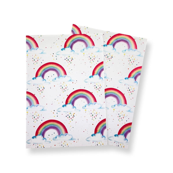 Rainbow and Raindrops Wrapping Paper with sunshine tags