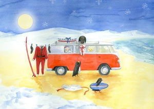 Split windscreen Campervan Inspired Christmas Cards with surfing penguins