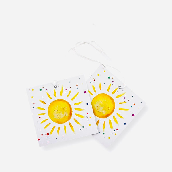 Rainbow and Raindrops Wrapping Paper with sunshine tags