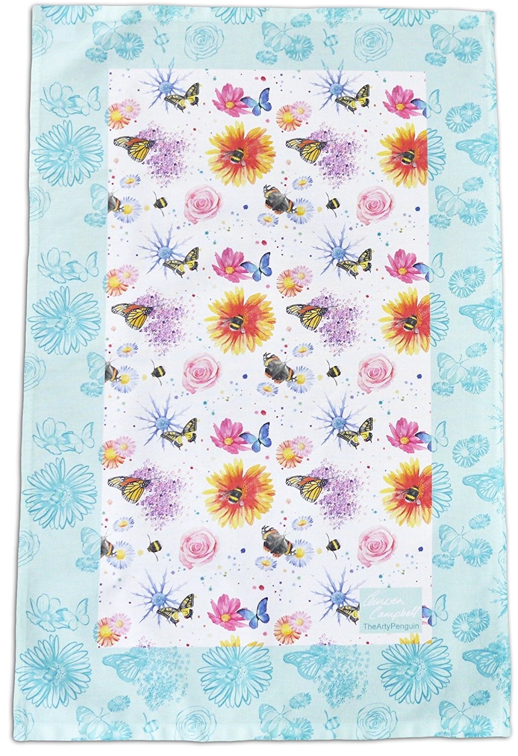 Flowers butterflies and bees gift tea towel