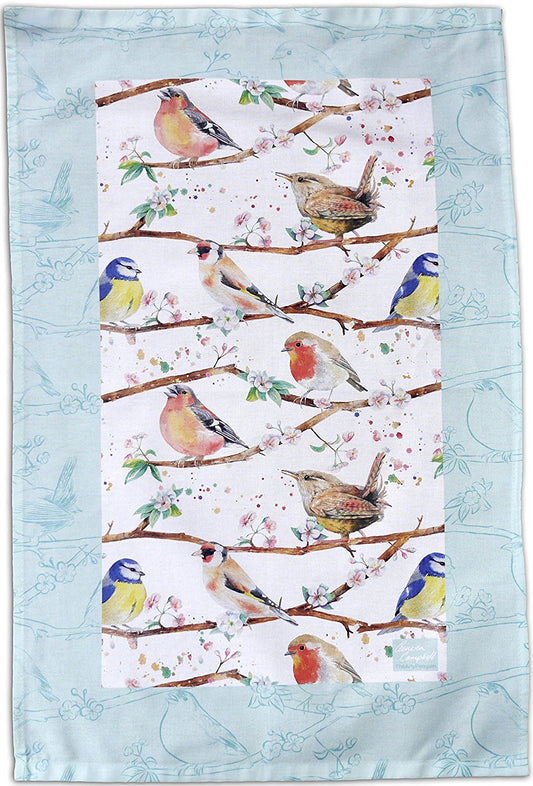 Garden birds bird  robin, wrens, chaffinch, blue tits, tea towel Ceinwen Campbell The arty Penguin
