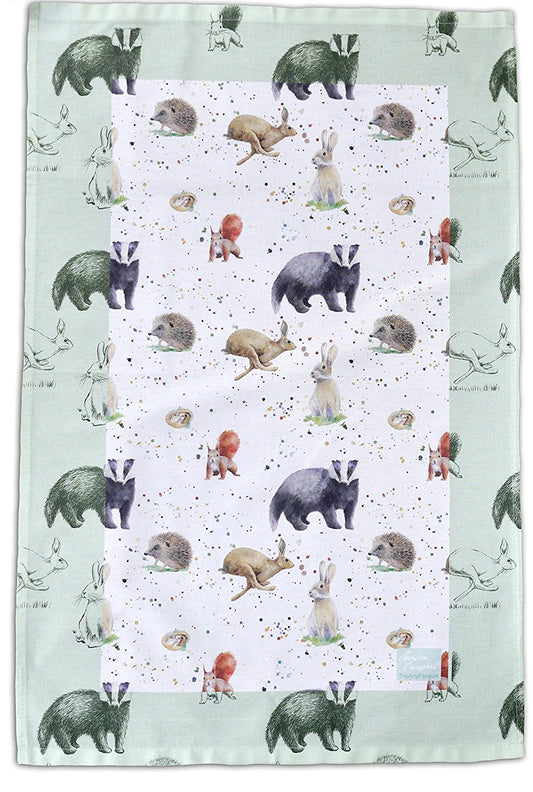 Country animals tea towel with illustrations (badger, hedgehog, red squirrel, hare, rabbit and dormouse ) by Ceinwen Campbell