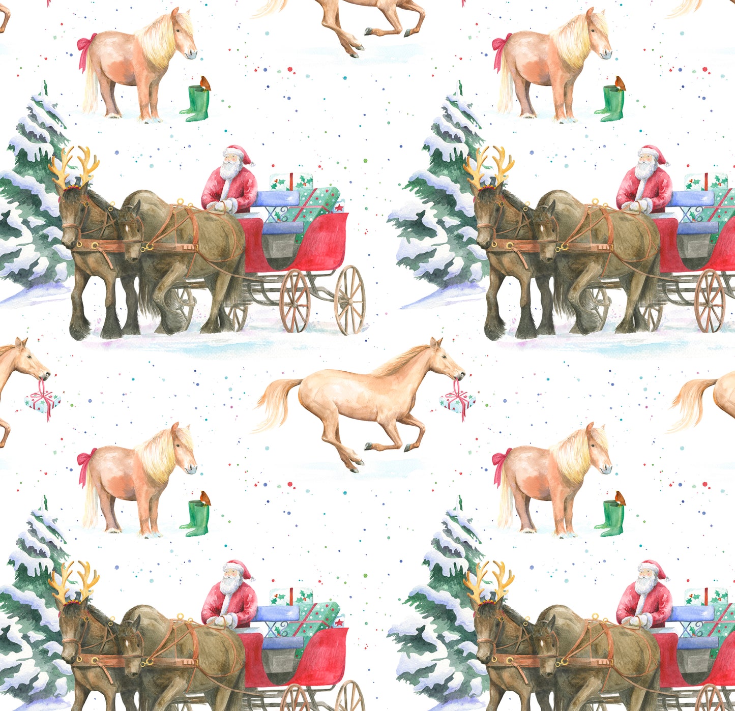 Christmas horse with pony and trap recycled gift wrapping and tag  by Ceinwen Campbell 