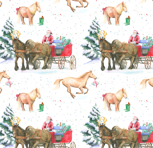 Christmas horse with pony and trap recycled gift wrapping and tag  by Ceinwen Campbell 