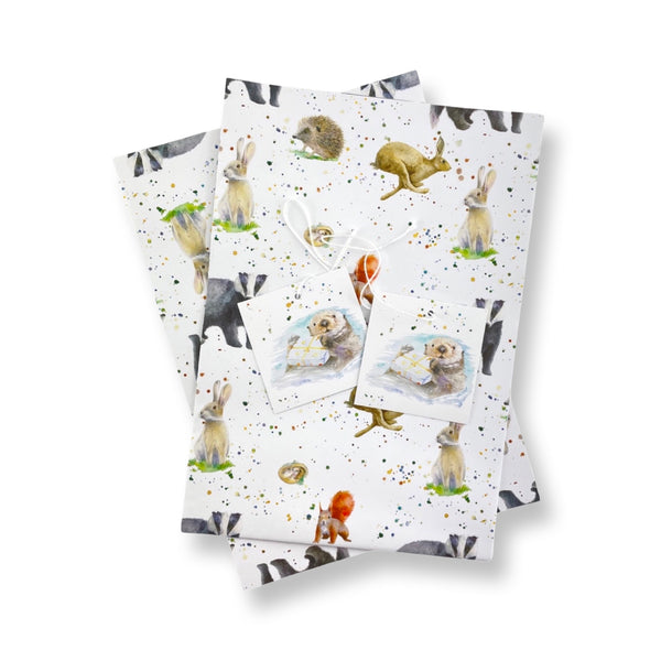 country animal gift wrap with badgers, squirrels, otters. hares hedgehogs and dormice  by Ceinwen Campbell