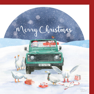 Defender and geese Christmas card by Ceinwen Campell