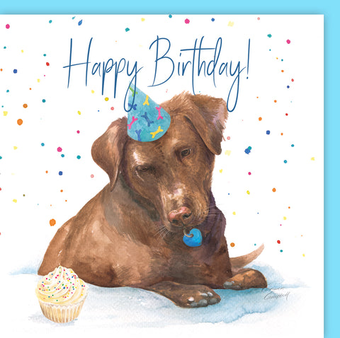 Chocolate labrador dog and cupcake birthday card by Ceinwen Campbell
