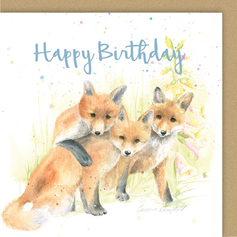 Fox cub trio watercolour birthday card by Ceinwen Campbell