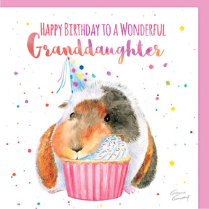 Party hat wearing guinea pig eating a birthday cupcake birthday card for granddaughter by Ceinwen Campbell