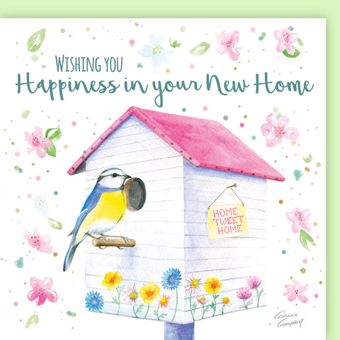 Blue tit bird new home greetings card by Ceinwen Campbell