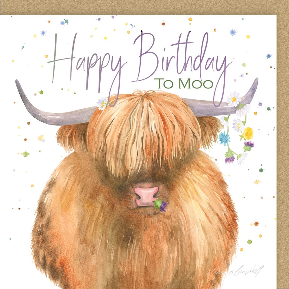 Highland Cow Happy Birthday to Moo Pun Birthday Card by Ceinwen Campbell