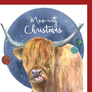 Moo-ry Christmas Highland Cow Christmas card by Ceinwen Campbell