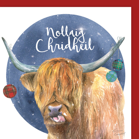 Highland Cow "Nolliag Chridheil" with Tartan Christmas Baubles Blank Greeting Card