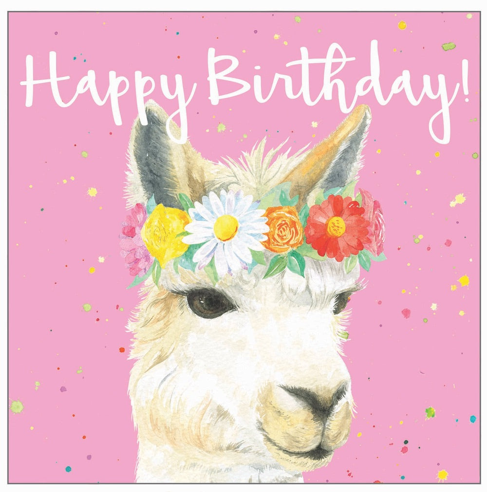 Llama in flower headdress birthday card by Ceinwen Campbell