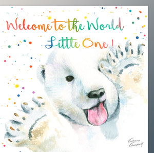 Gender neutral new baby polar bear cub card by Ceinwen Campbell  printed in the UK 