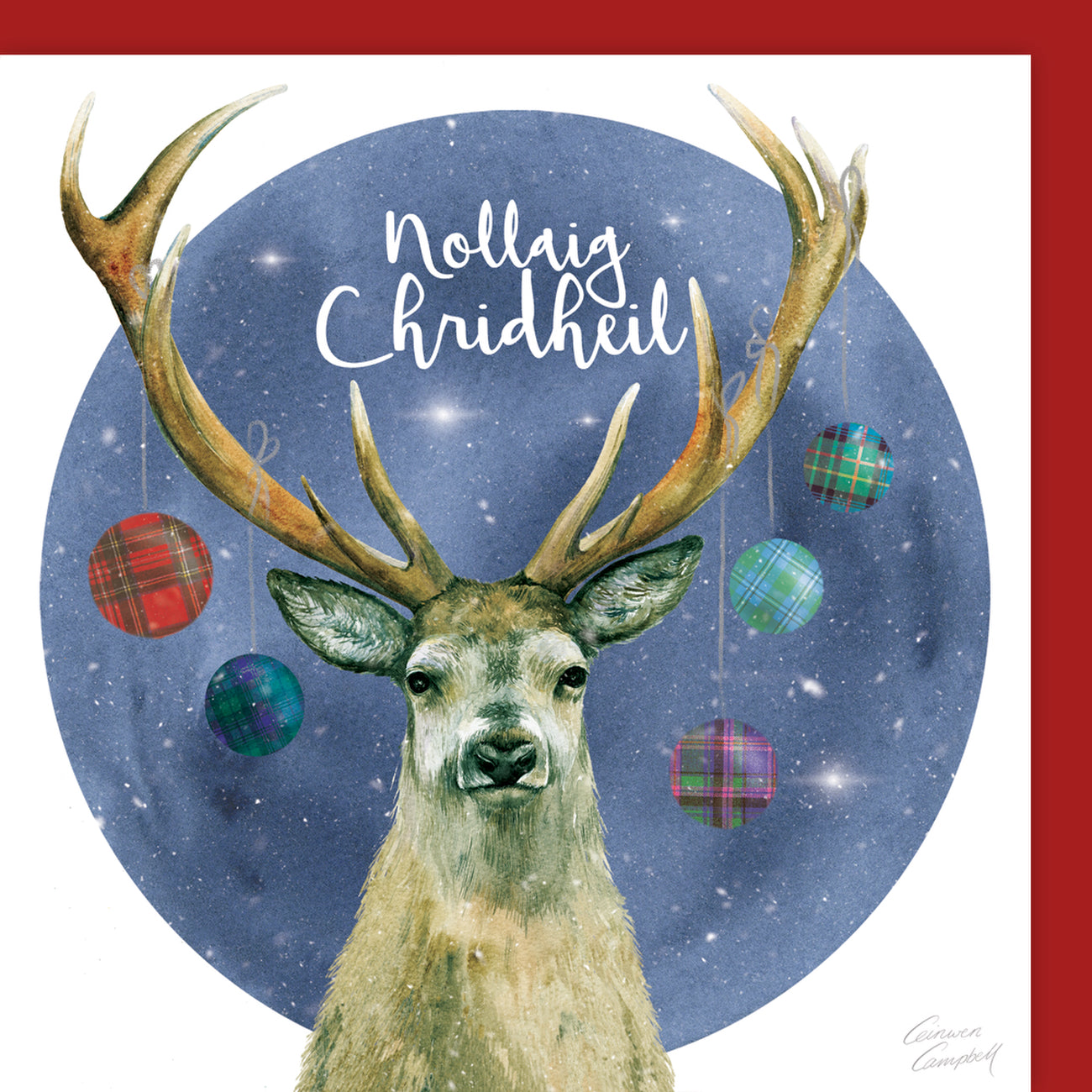 Nollaig Chridheil Scottish Gaelic Christmas car with stag and tartan baubles  by Ceinwen Campbell