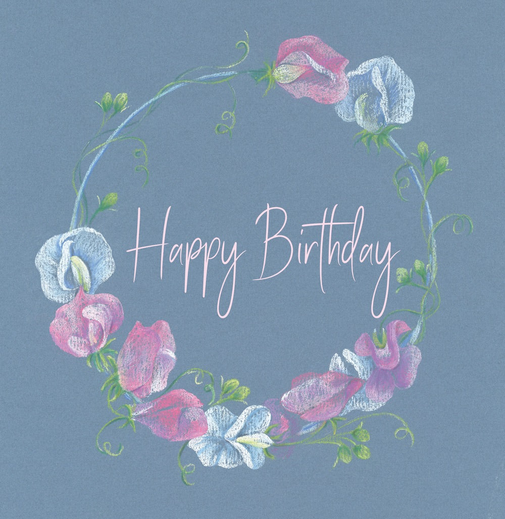 Happy Birthday sweat pea pastel hoop quality birthday card by Ceinwen Campbell
