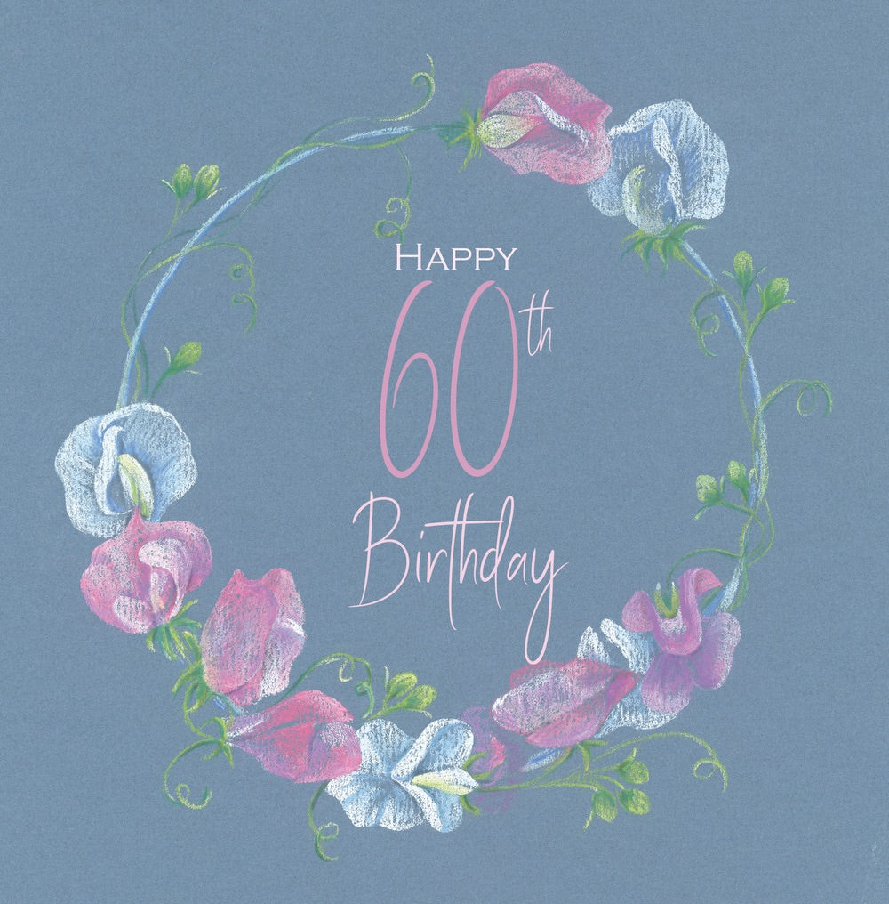quality 60th birthday card with sweet peas in pastel pencil