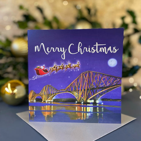 Santa over Forth Rail Bridge single Scottish Christmas card