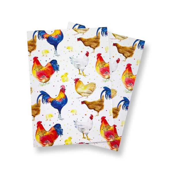 Recycled and recyclable chicken , hen and cockerel gift wrap by Ceinwen Campbell of The Arty Penguin 