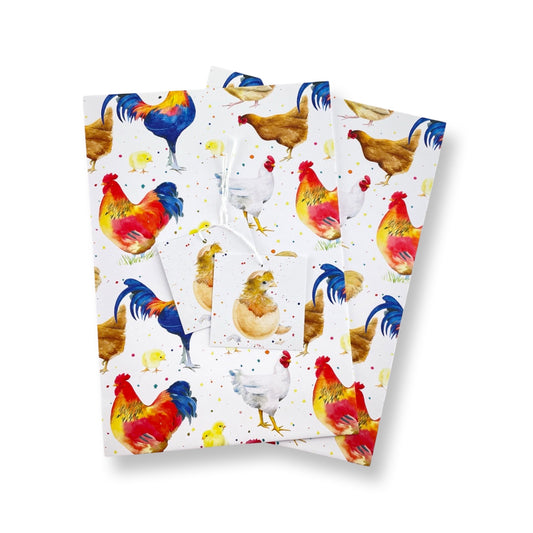 Recycled and recyclable chicken , hen and cockerel gift wrap by Ceinwen Campbell of The Arty Penguin 