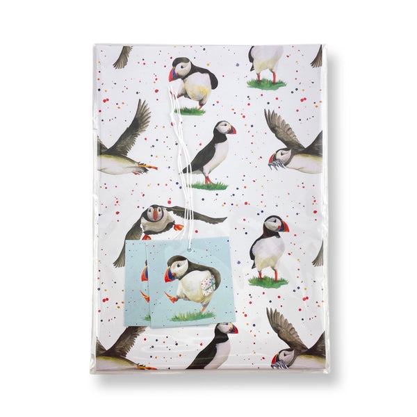 Puffin recycled and recyclable quality gift wrap and tags by Ceinwen Campbell 