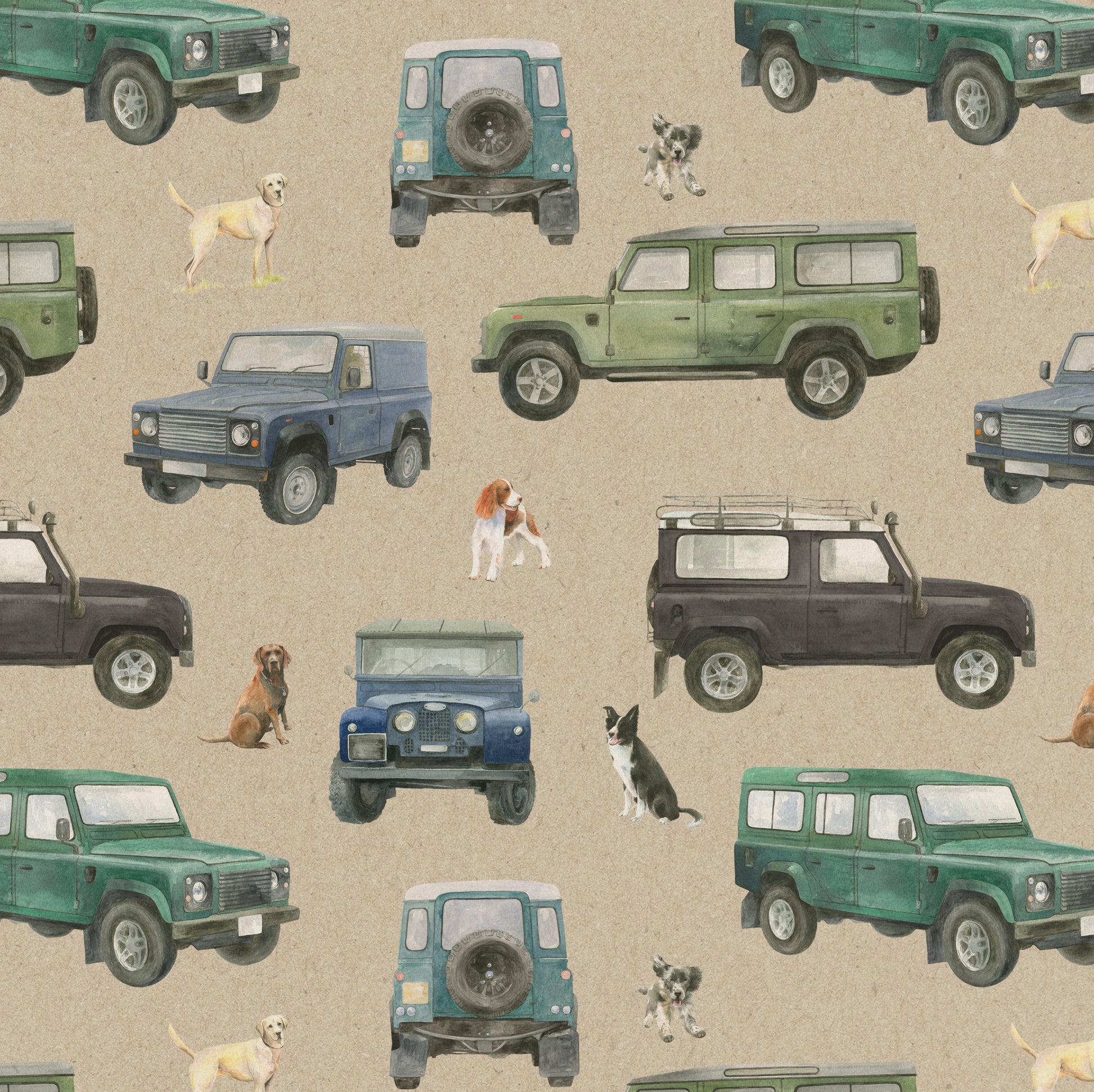 Defender off roader and working dog recycled gift wrapping by Ceinwen Campbell