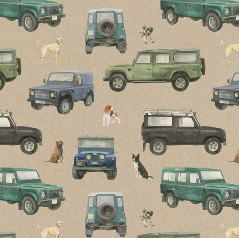Defender off roader and working dog recycled gift wrapping by Ceinwen Campbell
