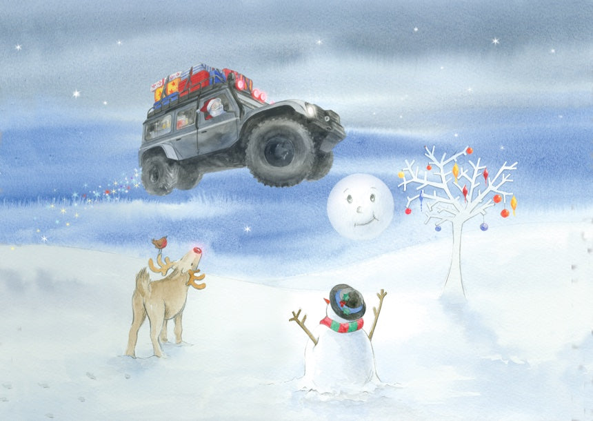 Flying 4 x 4 defender off roader Christmas card by Ceinwen Campbell and The Arty Penguin