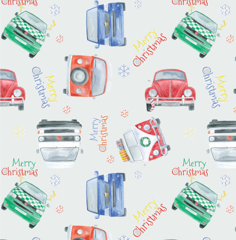 Christmas camper van and beetle gift wrapping paper by Ceinwen Campbell and The Arty Penguin 