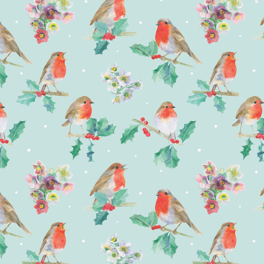 Robin robins and holly and helebores Christmas gift wrapping paper by Ceinwen Campbell and The Arty Penguin 