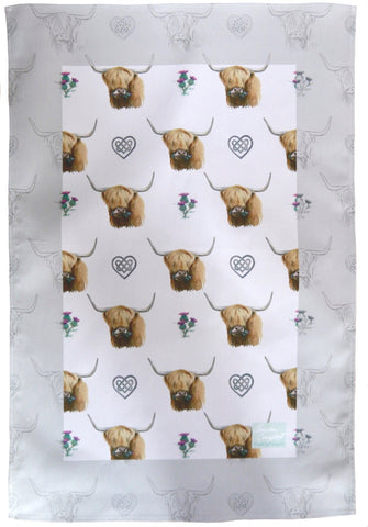 Highland Cow Scottish tea towel made in Britain Ceinwen Campbell The Arty Penguin