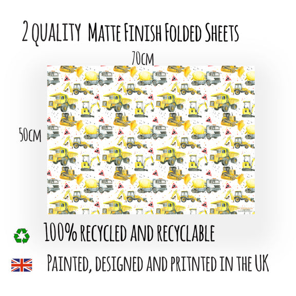 Diggers, bulldozers, dumper trucks ,excavators construction recycled and recyclable gift wrap and tags by Ceinwen Campbell